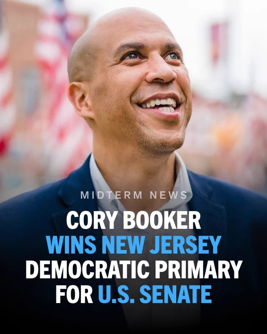 A graphic featuring Senator Cory Booker. Text on screen reads, "Midterm news: Cory Booker wins New Jersey Democratic primary for U.S. Senate."