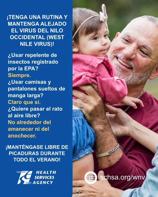 ¡Protégete contra el virus del Nilo Occidental! Utiliza repelentes aprobados por la EPA, usa mangas largas y evita las actividades al aire libre al amanecer y al atardecer.
