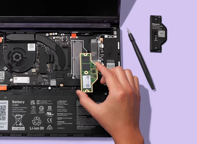 LPCAMM2 module being installed in a Framework Laptop 13 Pro.