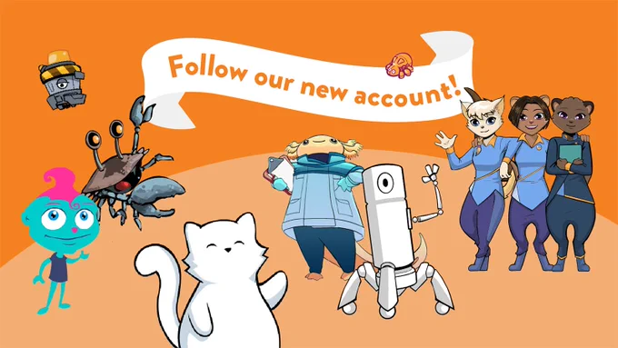 Characters from various ExploreLearning platforms are gathered under a ribbon that reads, "Follow our new account!" The background is a bright orange color.