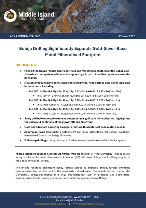 ASX: MDI | Bobija Drilling Significantly Expands Gold-Silver-Base 
Metal Mineralised Footprint