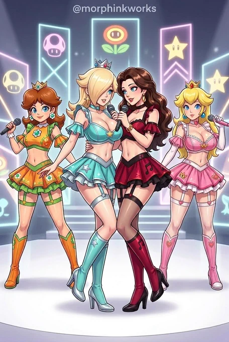 Super Mario idol group performing on a neon stage: Princess Daisy in orange and green, Rosalina in sparkling teal, Pauline in seductive red, and Princess Peach in pink. All wearing cropped tops, short skirts, garter belts and thigh-high boots while holding microphones. Vibrant neon signs with Super Mushrooms, Fire Flower and Stars in the background. @morphinkworks
