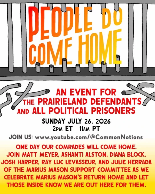 Graphic displaying event information with headline “People Do Come Home” in the middle of broken jail bars.