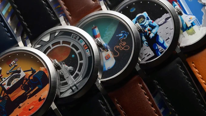 Xeric's Asterisk Space Missions Collection embeds the time into the space art of Peter Greenwood, imparting new motion into the iconic scenes from Gemini, Apollo, the space shuttle and more. (Asterisk)
