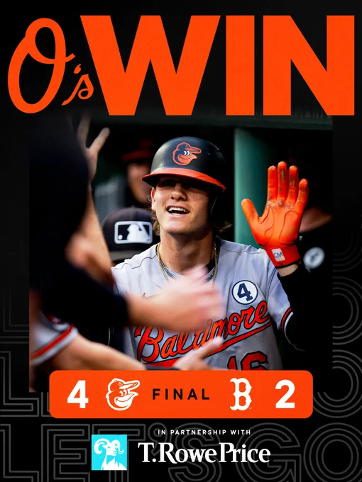 O’s WIN!

Red Sox - 2
Orioles - 4

The graphic features an image of Mayo celebrating a home run at Fenway Park. He is wearing grey Orioles uniforms and batting helmet.