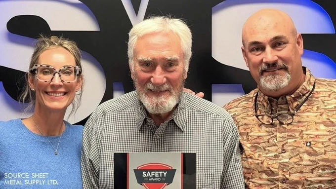 Three Sheet Metal Supply team members display Acuity Insurance’s 2025 Outstanding Safety Performance recognition award.