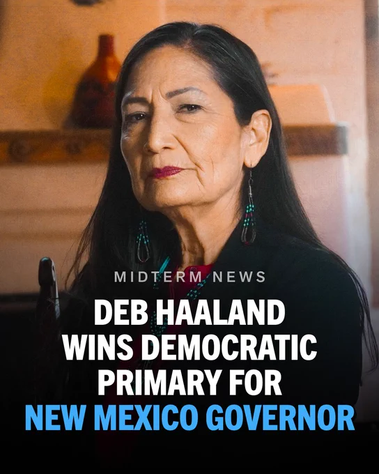 A graphic featuring former Interior Secretary Deb Haaland. Text on screen reads, "Midterm news: Deb Haaland wins Democratic primary for New Mexico governor."