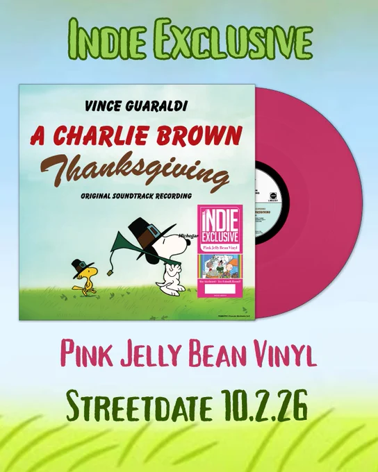 Promotional image for 'A Charlie Brown Thanksgiving' soundtrack on pink vinyl. Indie exclusive release with vibrant colors.