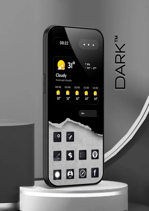 Dark iOS & Android Black Obsidian Icon Pack on Home Screen Setup, Promotional preview of the D4RK Icon Pack. A modern smartphone displays a dark minimalist home screen with custom monochrome icons, weather widgets, and a clean black-and-white design. Designed for users who enjoy minimal, AMOLED-friendly home screen customization on iOS and Android.