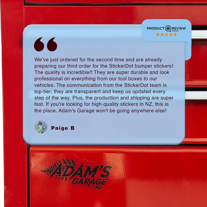 Full review of Paige on StickerDot bumper stickers.