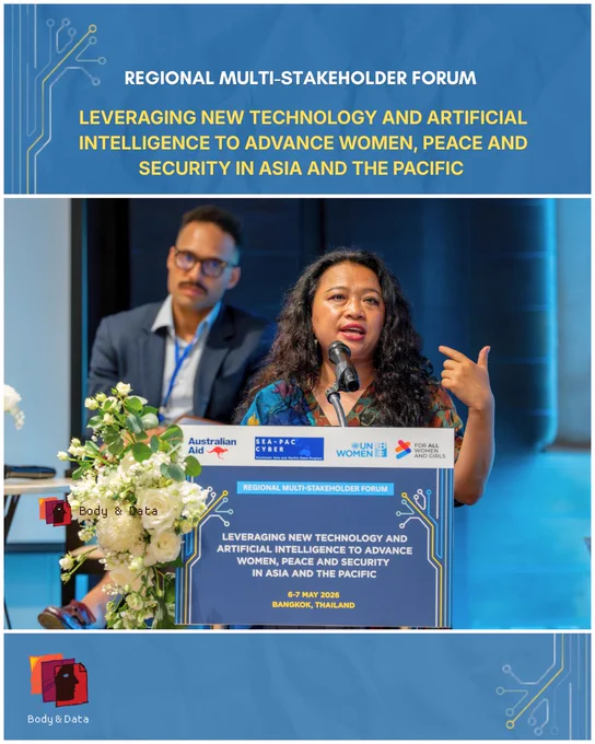 A person standing in front of a podium in the stage. There is a person standing on the background. This photo reads “Leveraging New Technology and Artificial Intelligence to Advance Women, Peace and Security in Asia and the Pacific”