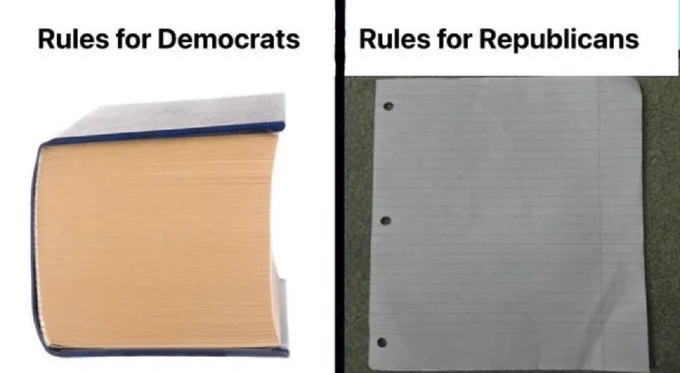 Two-panel “rules” meme. Left panel labeled “Rules for Democrats” shows a thick, full book. Right panel labeled “Rules for Republicans” shows a single blank sheet of lined paper. The joke contrasts a heavy rulebook applied to one side with virtually no rules for the other.