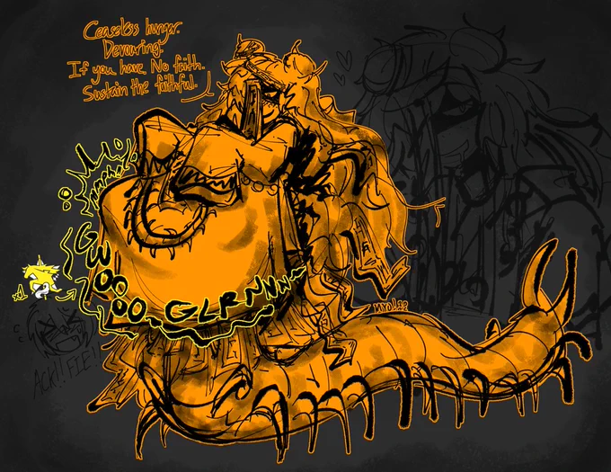 soft vore drawing of hundred footed death maggot ishmael from limbus company, depicted as having eaten don quixote, also from limbus company. ishmael is saying "Ceaseless hunger. Devouring. If you have. No faith. Sustain the faithful." don quixote's flustered face is shown to the left of ishmael, with the text below her face saying "ACK!! FIE!!" 