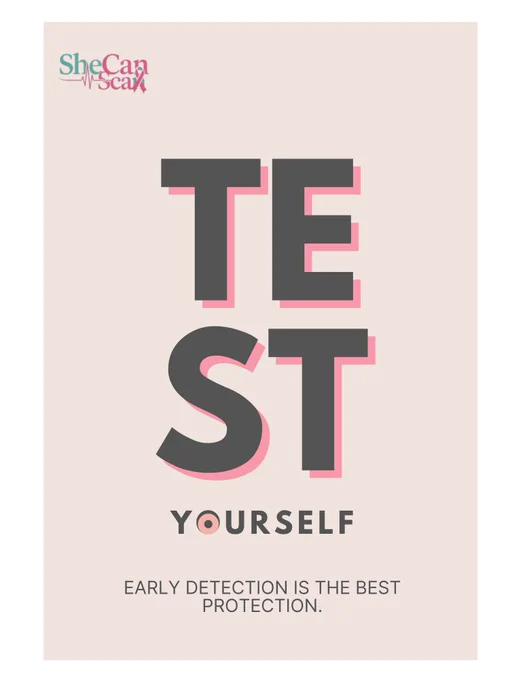 A minimalist graphic flyer titled "Minimal Retro Style Breast Cancer Awareness Flyer.png" set against a soft beige background. The upper left corner features the pink and teal logo for "SheCanScan". Large, bold grey block letters with a subtle pink drop shadow spell out "TEST", stacked vertically over the word "YOURSELF". The letter "O" in "YOURSELF" is styled with a pink dot inside it. At the bottom, grey text reads, "EARLY DETECTION IS THE BEST PROTECTION."