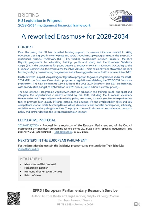 EPRS briefing summary on 'A reworked Erasmus  for 2028-2034' (February 2026)