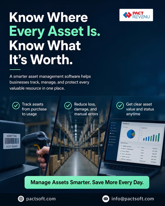 PACT REVENU Asset Management Software banner featuring a warehouse environment, barcode asset tracking, and a digital dashboard. The image highlights real-time asset monitoring, asset valuation, reduced manual errors, and complete lifecycle management. Ideal for businesses seeking efficient asset tracking, inventory control, and enterprise asset management solutions.