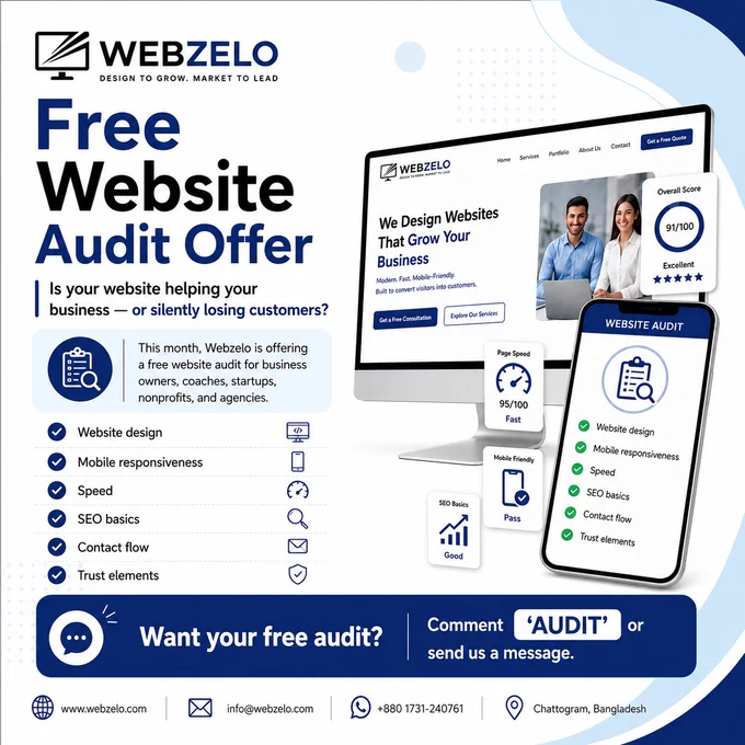 Is your website helping your business — or silently losing customers? 

This month, Webzelo is offering a free website audit for business owners, coaches, startups, nonprofits, and agencies. 

We’ll check: 

✅ Website design 
✅ Mobile responsiveness 
✅ Speed 
✅ SEO basics 
✅ Contact flow 
✅ Trust elements 

Want your free audit? 

Comment “AUDIT” or send us a message.

#FreeWebsiteAudit #WebDesignAgency #WordPressExpert #SmallBusinessWebsite #Webzelo