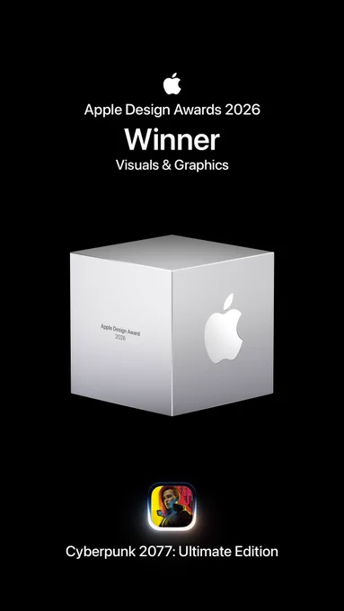 Image announcing Cyberpunk 2077: Ultimate Edition as the winner of the Apple Design Awards 2026 in the Visuals and Graphics category. An Apple Design Award trophy appears in the center. The App Store icon for Cyberpunk 2077: Ultimate Edition is also visible.