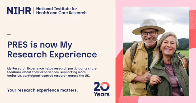 A promotional image for the NIHR's rebranded research feedback initiative. The left side features the text "PRES is now My Research Experience" and details about supporting participant-centered research in the UK. The right side shows a smiling older couple outdoors, with the man wearing a hat and the woman in a green jacket. A "20 Years" logo is at the bottom.