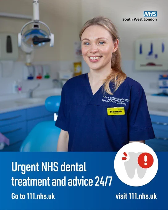 Femail dentist in surgery with copy to contact 111 for urgent treatment and advice