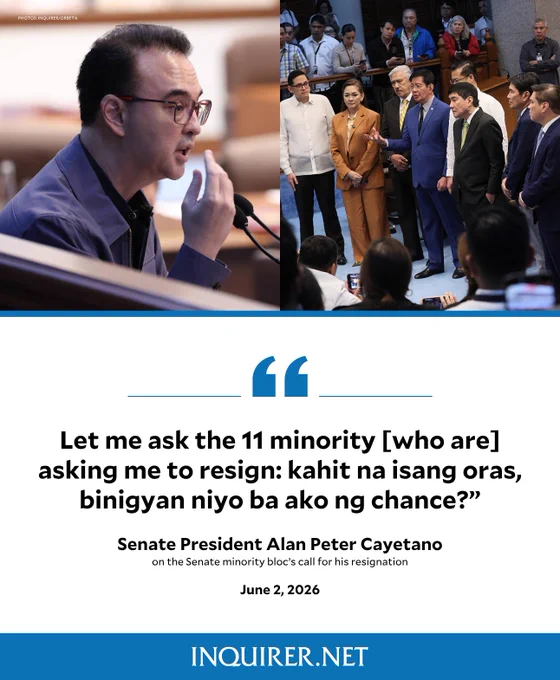 Senate President Alan Peter Cayetano challenges the Senate minority bloc's call for his resignation, saying his leadership was not given a fair opportunity.