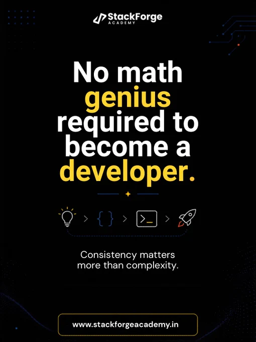 A dark StackForge Academy poster with the headline “No math genius required to become a developer,” using bold white and yellow typography, coding-themed icons, and the message “Consistency matters more than complexity.”