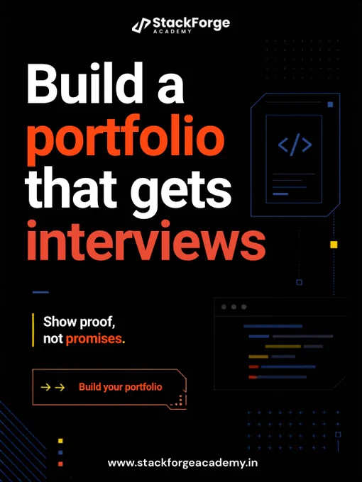 A dark StackForge Academy promotional poster with the headline “Build a portfolio that gets interviews,” featuring coding-themed illustrations, bold white and orange typography, and the message “Show proof, not promises.”