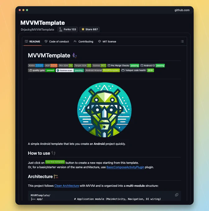 GitHub README screenshot for Drjacky/MVVMTemplate