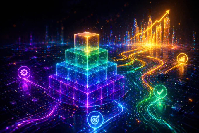 Futuristic digital illustration of a structured glowing data system with stacked transparent blocks and flowing neon pathways leading to a thriving city, symbolizing optimized infrastructure and improved outcomes for Kinny List, a Solana-powered Web3 marketplace focused on efficient, reliable, and scalable crypto transactions.