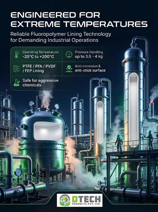 🚀 Engineered for Extreme Temperatures. Built for Extreme Performance.

DTECH Products Pvt. Ltd. offers advanced PTFE / PFA / PVDF / FEP Fluoropolymer Lining Solutions for demanding industrial applications.

✅ Temperature Resistance: -20°C to  200°C
✅ Superior Corrosion Protection
✅ Anti-Stick Surface Technology
✅ Safe for Aggressive Chemicals
✅ Extended Equipment Life

Ideal for reactors, columns, tanks, pipelines, and other process equipment requiring long-term reliability and performance.

📩 inquiry@dtplproducts.com
🌐 DTECH Products Pvt. Ltd.
📞  91-968-761-5806

📍 Meet us at Chemical Indonesia 2026
📅 28–30 July 2026 | Jakarta, Indonesia

#PTFE #PFA #PVDF #FEP #FluoropolymerLining #CorrosionProtection #ChemicalIndustry #DTECHProducts #ChemicalIndonesia2026 #IndustrialSolutions #ProcessEngineering #MadeInIndia 🚀