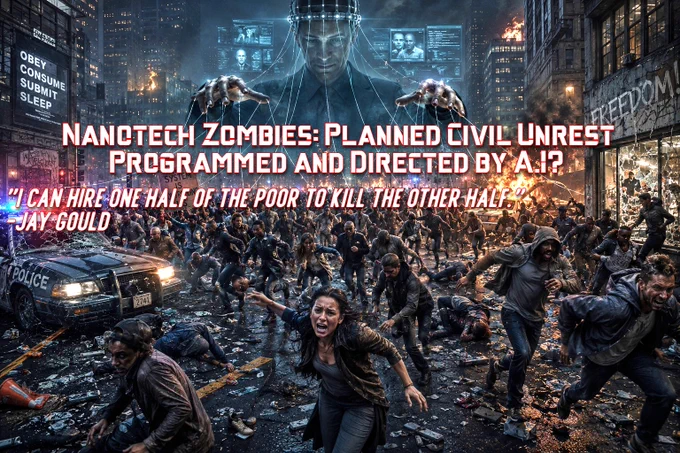 A dark dystopian city street consumed by panic and violence. Hundreds of ordinary adults appear to move like puppets under invisible control as fires burn, police vehicles sit damaged, storefronts are shattered, and crowds surge through the streets in fear and confusion. Towering above the chaos is a symbolic puppet master figure connected to the crowd by glowing strings, representing concerns about mass manipulation, artificial intelligence, behavioral influence, surveillance systems, social engineering, psychological operations, cognitive warfare, algorithmic control, predictive programming, centralized power, transhumanism, digital authoritarianism, population control theories, autonomous systems, and the future relationship between AI and humanity. The image explores questions about whether advanced technology, neural interfaces, nanotechnology, behavioral conditioning, or large-scale data systems could one day influence human behavior on a mass scale. Created by Kevin Wikse.