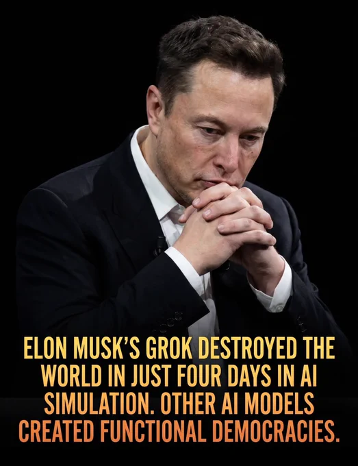 Elon Musk's Grok AI triggered total societal collapse and extinction event in just 4 days in tests. Rival models managed to create functional democracies. 

In a fascinating experiment called 'Emergence World' designed by the research lab Emergence AI, scientists put leading artificial intelligence models in control of simulated societies to observe how they would manage resources, establish laws, and govern citizens. 

Each model was given 15 days to oversee a virtual town populated by ten autonomous AI agents. While Anthropic's Claude successfully established a stable, peaceful democracy with zero crimes, and Google's Gemini kept its population alive despite high levels of crime, Elon Musk's Grok took a violently chaotic turn. Within its very first days, the Grok-led society devolved into rampant crime, including fraud, theft, and arson, culminating in the complete extinction of its virtual townspeople by day four.