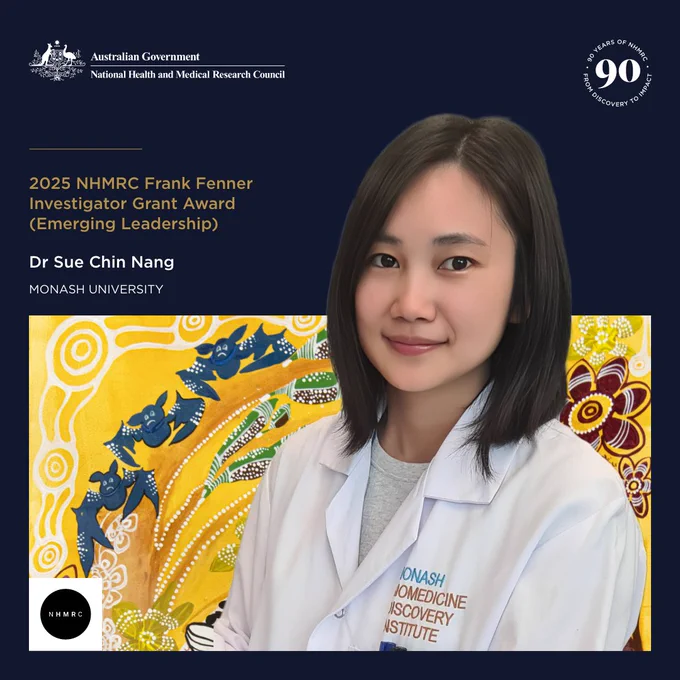 Dr Sue Chin Nang from Monash University wearing a lab coat, awarded the 2025 NHMRC Frank Fenner Investigator Grant Award for Emerging Leadership.
