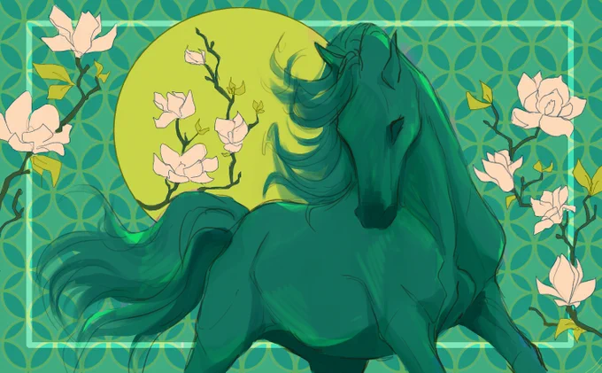 a green horse with a neon green circle behind it, on a turquoise patterned background. Three white magnolia branches on the left, right, and center.