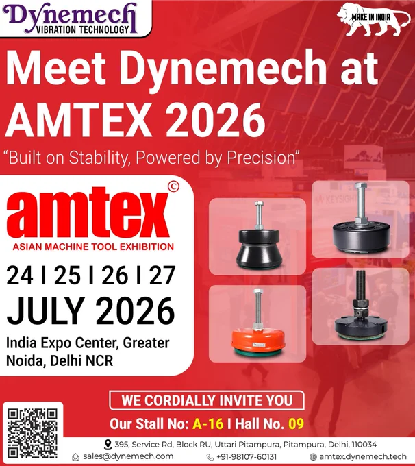 Dynemech AMTEX Expo 2026 invitation banner displaying exhibition dates (24–27 July 2026), Hall 09, Stall A-16, India Expo Center Greater Noida, with vibration isolation products and company details.