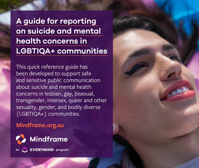 Social media tile.
Background image shows a person laying down in a park on a predominantly blue and pink flag.
Text reads:
A guide for reporting on suicide and mental health concerns in LGBTIQA  communities.
This quick reference guide has been developed to support safe and sensitive public communication about suicide and mental health concerns in lesbian, gay, bisexual, transgender and bodily diverse (LGBTIQA ) communities.
Visit mindframe.org.au