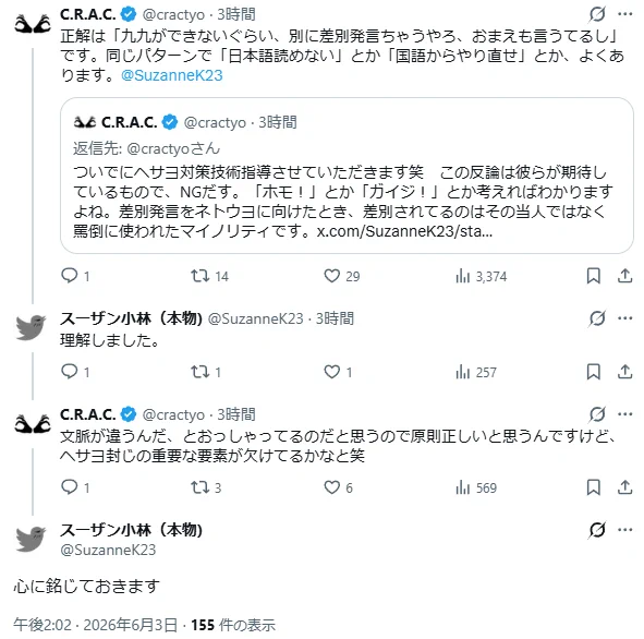 X（旧Twitter）のポストのスクリーンショット。
C.R.A.C.（@cractyo）が「正解は『九九ができないぐらい、別に差別発言ちゃうやろ、おまえも言うてるし』です。同じパターンで『日本語読めない』とか『国語からやり直し』とか、よくあります」と投稿。
これに対し、スーザン小林（本物）（@SuzanneK23）が「理解しました。」と返信。
さらにC.R.A.C.が「文脈が違うんだ、とおっしゃってるのだと思うので原則正しいと思うんですけど、ヘサヨ封じの重要な要素が欠けてるかなと笑」と続け、スーザン小林が「心に銘じておきます」と全面的に同意している一連のやり取り。