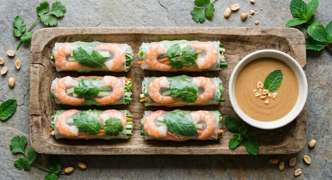 Six fresh Vietnamese shrimp summer rolls on a rustic wooden board, accompanied by a white bowl of peanut dipping sauce. The scene, set on a grey stone surface, is decorated with scattered mint and coriander leaves.