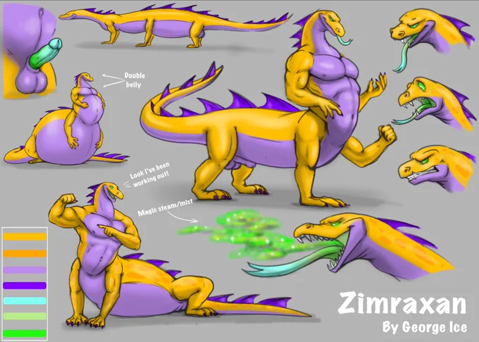 This is actually the first time ever, I’m posting a ref sheet of my sona. Galadar didn’t get any, when he was released. Guess I must do a ref sheet of my big dragon too, cause it’s just unfair.

But for now, all stand up and applause for Zim, full name - Zimraxan! A big, lusty, mean and poisonous lizard. A perfect alter-ego for my big, sweet, dragon-boy. So if you mess up with Galadar and hurt him or his feelings - you know who’s coming for you. Zim NEVER lets his soulmate down. (No, they re NOT a couple, both bounded together by one soul.)

So what makes Zimraxan dangerous? As a lizard, he’s pretty flexible and stretchy, so he can swell up more than 10 times of his regular size. He’s got 2 bellies so he can contain air, water n food even when he’s full to the max, cause there’s always some extra space left. And EVEN if Zim over eats or overgrows his physical limits… BOOM! and he’s back! He’s not immortal, but can come back if he POPS.