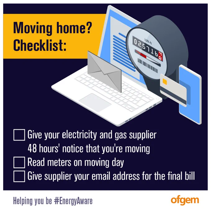 Checklist for moving home includes notifying electricity and gas suppliers 48 hours in advance, reading meters on moving day, and providing an email for the final bill.