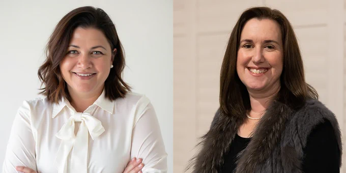 Portraits of two women posing indoors, Georgina Troup wearing a white button-up shirt with a bow, Dr Georgina Pengilley dressed in black with a fur vest and pearls. Post announcing the two women have joined the AgriFutures Export Fodder Advisory Panel.