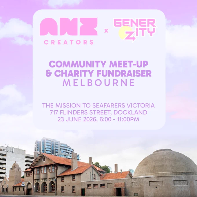 An event graphic with a pastel pink and purple cloud background. At the top, logos read "ANZ Creators X Generozity". The main text announces "Community Meet-Up & Charity Fundraiser Melbourne." The venue is listed as The Mission to Seafarers Victoria, 717 Flinders Street, Dockland, on 23 June 2026, from 6:00 to 11:00 PM. The bottom half features a photo of the historic brick and concrete Mission to Seafarers building under a bright sky.