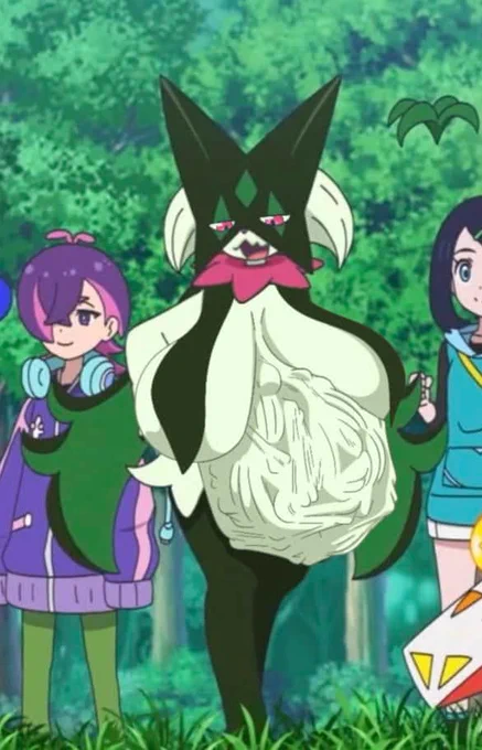 screenshot of meowscarada from the pokemon anime with a big dense boney belly