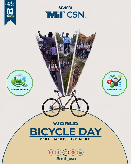 MIT CSN thanks those students and staff members who uses bicycle to commute to MIT. 

फ्रेश हवा, शांत मन आणि आपली सायकल! 🌍💚 सायकल चालवणं म्हणजे नुसतं ट्रॅव्हल करणं नाही, तर ती एक कमाल वाईब (vibe) आहे. आजच आरोग्यासाठी आणि पर्यावरणासाठी सायकल निवडा. 

चला, शहरात सर्वत्र सायकल ट्रॅक (Cycling tracks) तयार करण्यासाठी आपण महानगरपालिका आणि विकास प्राधिकरणांकडे सतत लेखी पाठपुरावा आणि विनंती करत राहूया.

एमआयटी सीएसएन तर्फे त्या सर्व विद्यार्थी आणि कर्मचाऱ्यांचे मनःपूर्वक आभार, जे कॅम्पसमध्ये येण्या-जाण्यासाठी सायकलचा वापर करतात.
