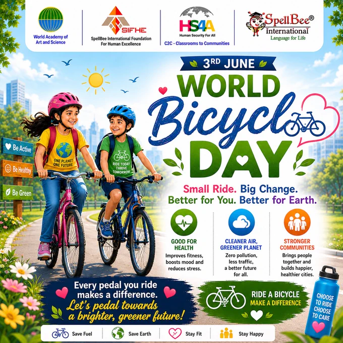 World Bicycle Day celebrates the bicycle as a simple, affordable, reliable, and environmentally friendly means of transportation. Bicycles help reduce traffic congestion, lower air pollution, improve physical health, and provide an accessible mode of travel for people of all ages and backgrounds.

This day highlights the role of cycling in promoting sustainable mobility, healthier lifestyles, safer communities, and a cleaner environment. It encourages individuals, schools, and communities to embrace cycling as a practical way to support personal well-being and contribute to a more sustainable future.

#WorldBicycleDay #RideForHealth #CyclingForAll #SustainableTransport #HealthyLiving #CleanAir #EcoFriendlyTravel #ActiveLifestyle #GreenMobility #RoadSafety #BikeToSchool #BikeToWork #ClimateAction #SustainableCommunities #EnvironmentalSecurity #HealthSecurity #HumanSecurityForAll #HS4A #HS4AIndia #SpellBeeInternational #SIFHE #WAAS #ClassroomToCommunities