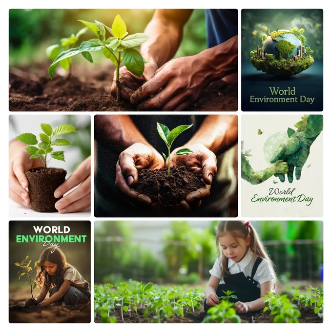 Collage of World Environment Day themed images featuring tree planting, green earth concepts, children caring for plants, and sustainability-focused nature visuals from FreePixel’s curated collection.