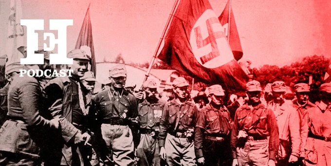 Black and white image of men in uniform, they hold a Nazi flag.