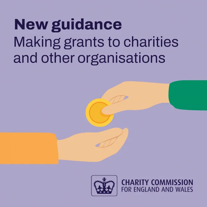 Illustration of one hand giving a coin to another under text about new guidance on grants to charities and organisations.