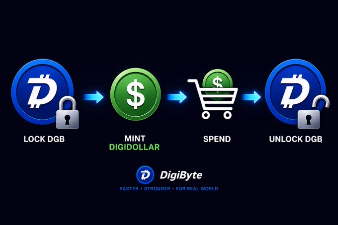 A simple visual explanation of DigiDollar on the DigiByte blockchain. The graphic shows a four-step process: lock DigiByte (DGB) as collateral, mint DigiDollar, spend DigiDollar, and later unlock the original DGB. Blue DigiByte coins, green dollar tokens, and a shopping cart are connected by arrows on a dark background, illustrating how users can access spending power without immediately selling their DigiByte holdings. #DigiByte #DigiDollar #Crypto #Blockchain