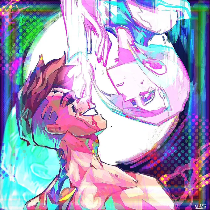 Digital artwork of David and Lucy from Cyberpunk: Edgerunners. The characters face each other. David grins and looks upward while Lucy appears upside down above him. Their faces are close together, framed by bright neon colors and glitch-like visual effects.